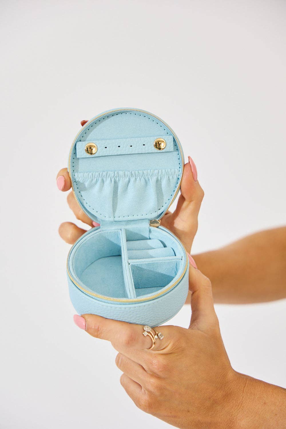 Vegan PU Leather Jewellery Box - Round - Light Blue - Small