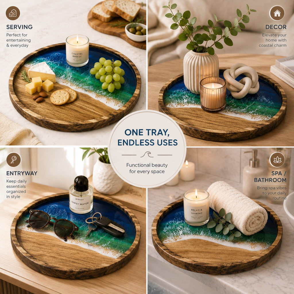 Ocean Resin Round Serving Tray – Handmade Acacia Wood