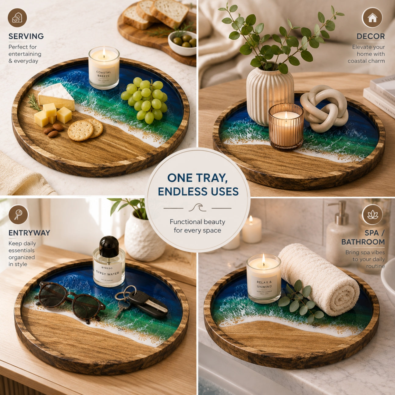 Ocean Resin Round Serving Tray – Handmade Acacia Wood