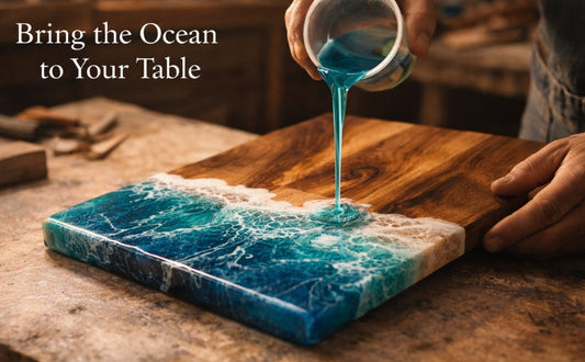 Ocean Heart Chopping Board – Handmade Acacia Serving Board with Ocean Resin Art