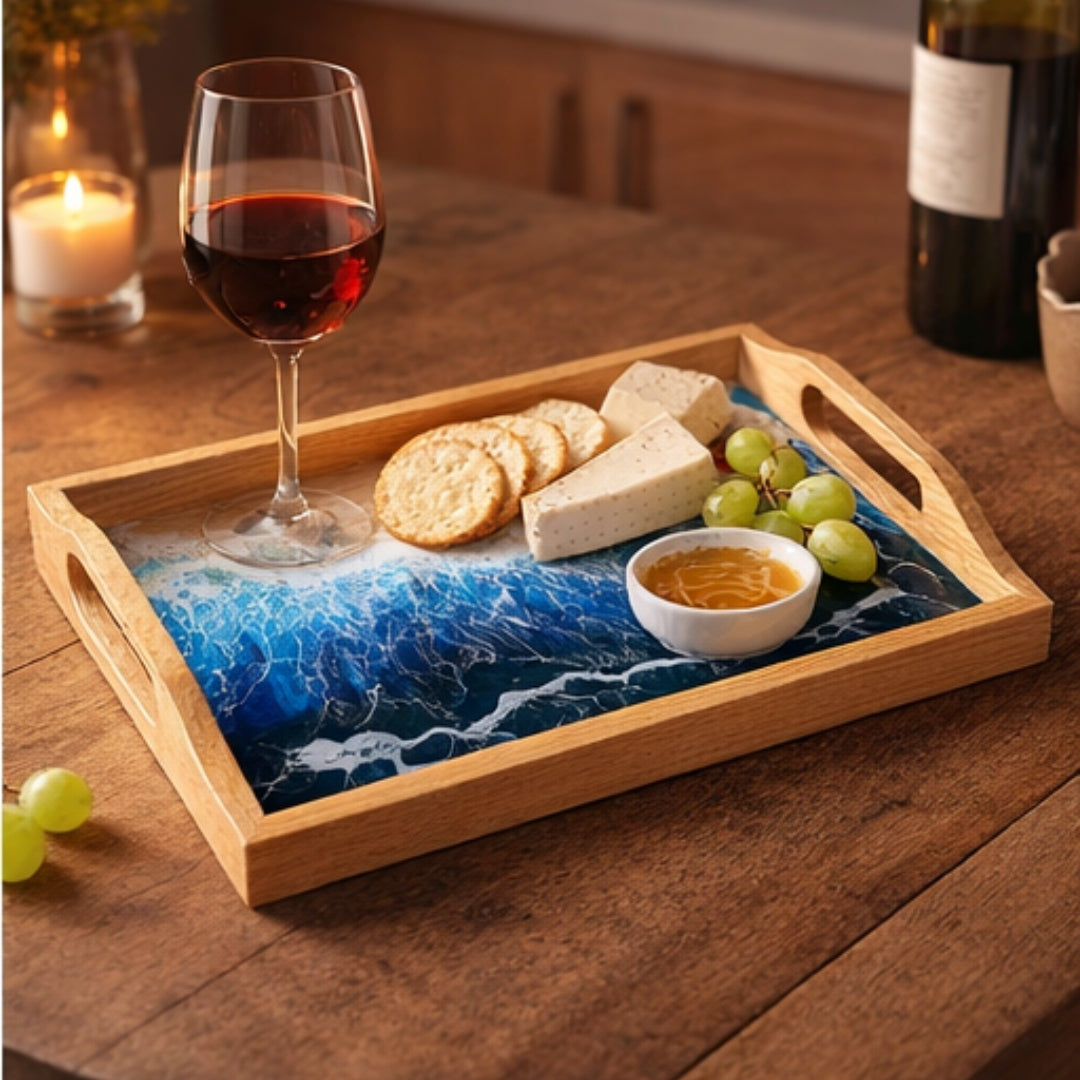 Rectangular Coastal Ocean Resin Tray – Handmade Acacia Wood