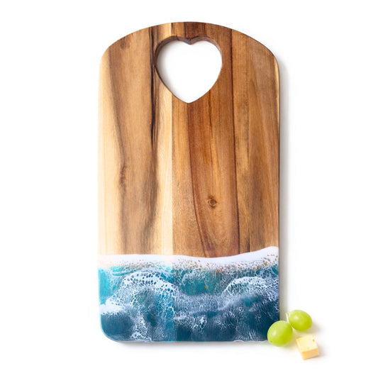 Ocean Heart Chopping Board – Handmade Acacia Serving Board with Ocean Resin Art