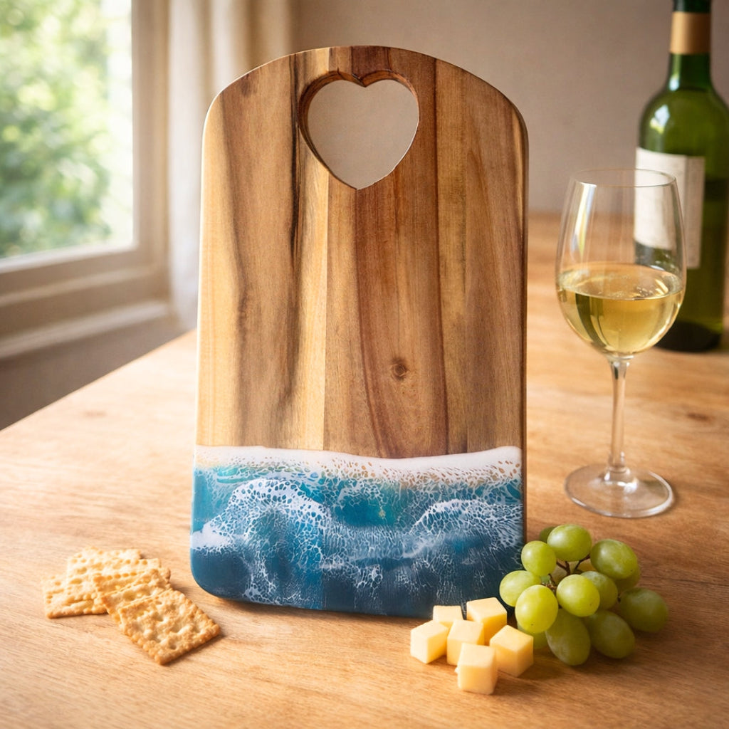 Ocean Heart Chopping Board – Handmade Acacia Serving Board with Ocean Resin Art