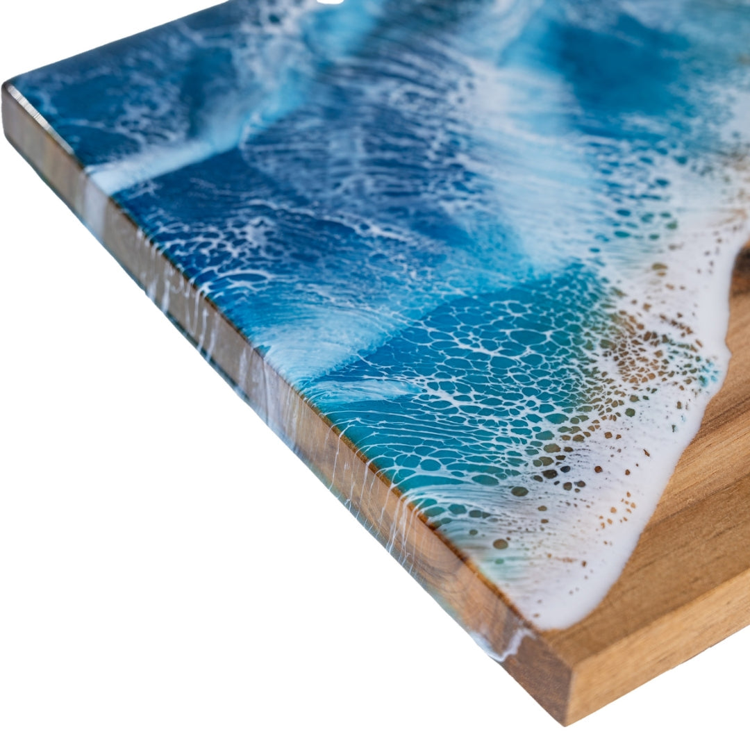 Ocean Resin Acacia Wood Chopping Board – Handmade Coastal Serving Board
