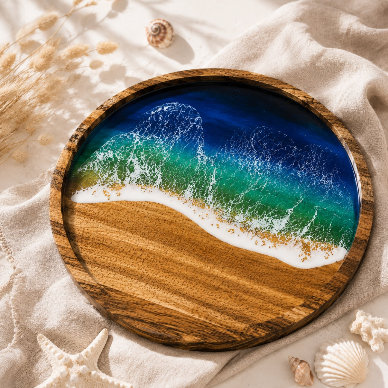 Ocean Resin Round Serving Tray – Handmade Acacia Wood