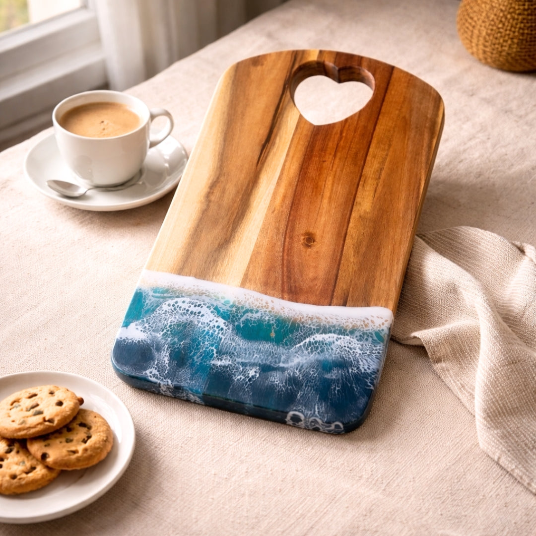 Ocean Heart Chopping Board – Handmade Acacia Serving Board with Ocean Resin Art