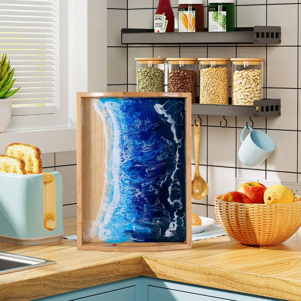 Rectangular Coastal Ocean Resin Tray – Handmade Acacia Wood