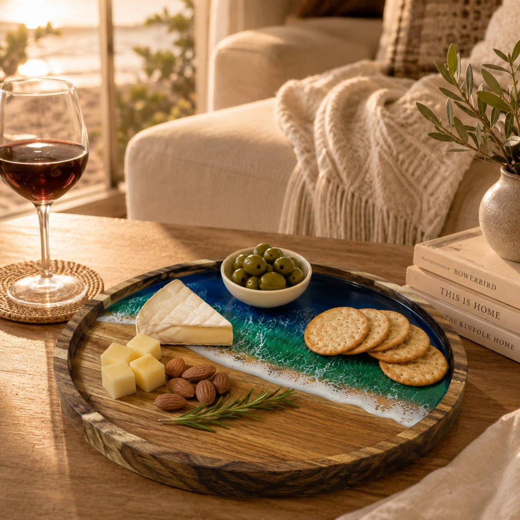 Ocean Resin Round Serving Tray – Handmade Acacia Wood