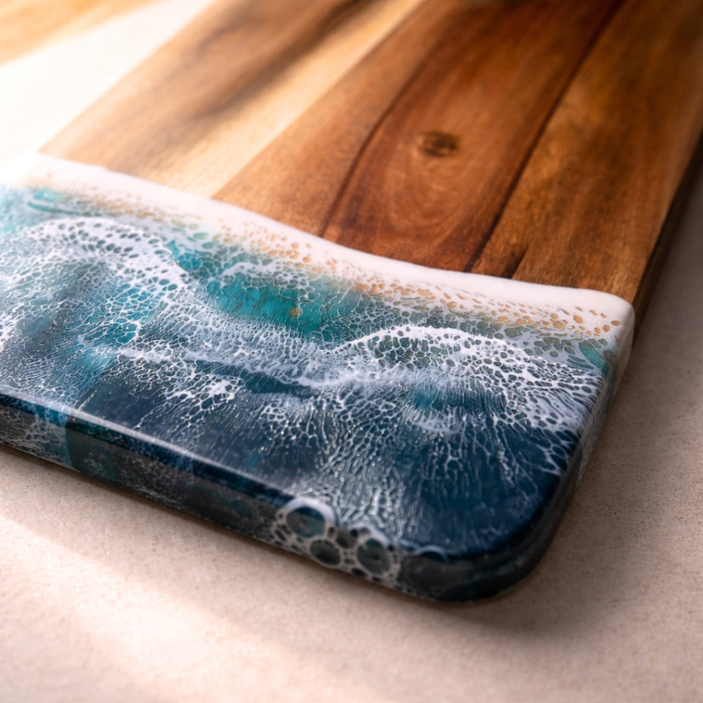 Ocean Heart Chopping Board – Handmade Acacia Serving Board with Ocean Resin Art