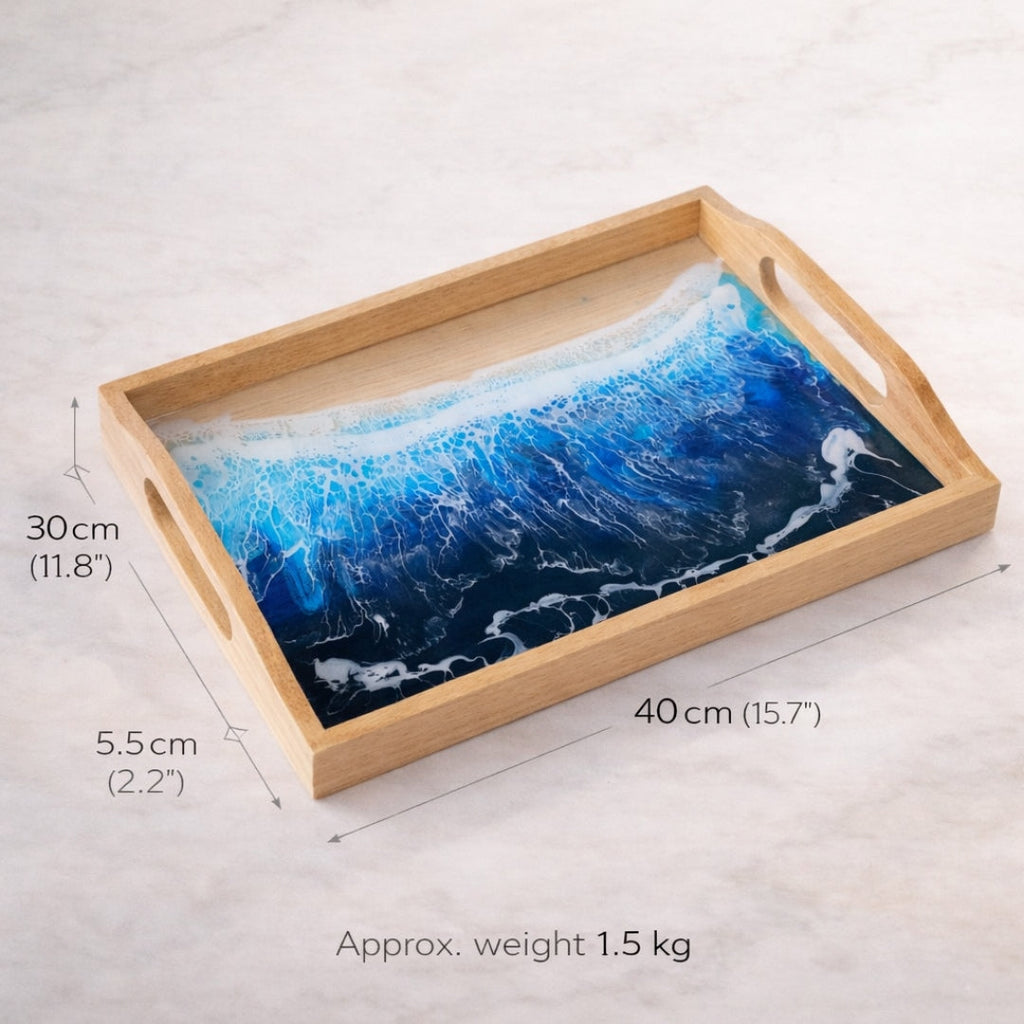 Rectangular Coastal Ocean Resin Tray – Handmade Acacia Wood