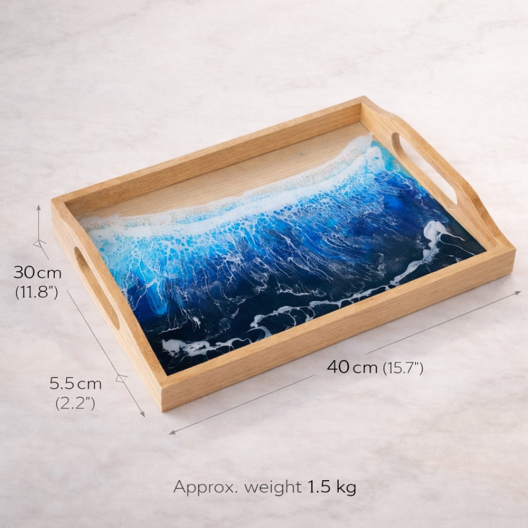 Rectangular Coastal Ocean Resin Tray – Handmade Acacia Wood
