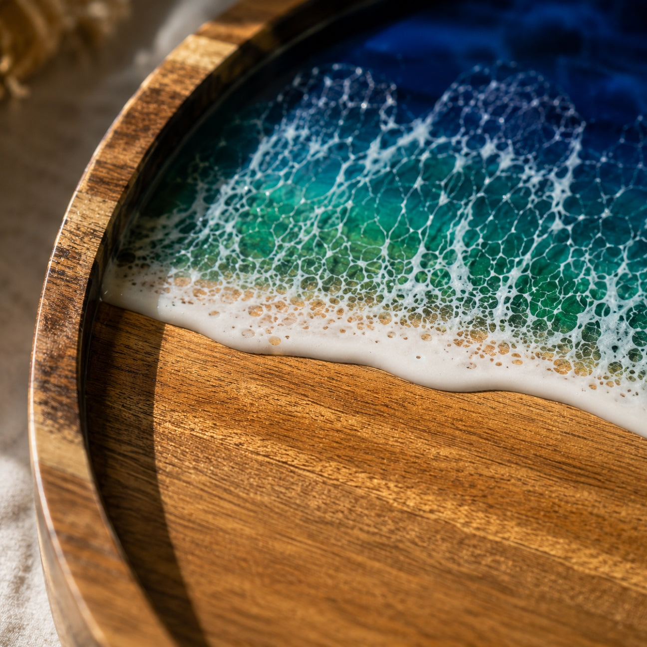 Ocean Resin Round Serving Tray – Handmade Acacia Wood