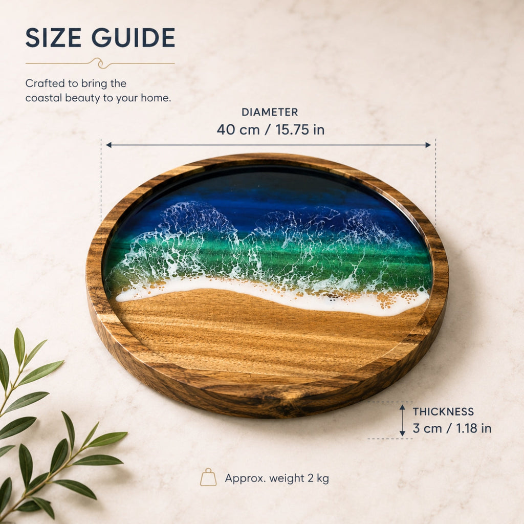 Ocean Resin Round Serving Tray – Handmade Acacia Wood