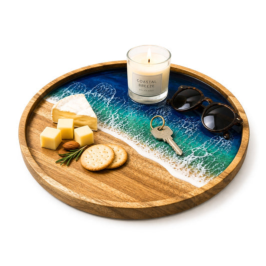 Ocean Resin Round Serving Tray – Handmade Acacia Wood