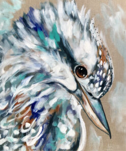 Lilli Rock Azure Kookaburra Magnet - An expressive painting of a bird's head in profile, rendered with textured brushstrokes in white, blue, teal, brown, and grey against a soft beige background.