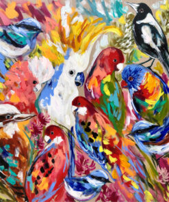 Lilli Rock Bird of Paradise Magnet - A vibrant, colourful painting depicting a dense group of tropical birds, including a white cockatoo at the centre, parrots, a magpie, and other species, rendered in expressive, textured brushstrokes of red, blue, yellow, green, orange, and pink.