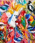 Lilli Rock Birds of Paradise Coaster - A vibrant, colourful painting depicting a dense group of tropical birds, including a white cockatoo at the centre, parrots, a magpie, and other species, rendered in expressive, textured brushstrokes of red, blue, yellow, green, orange, and pink.