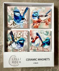 Lilli Rock Blue Wrens Gift Pack - 
A 4-pack of Lilli Rock ceramic magnets featuring watercolour-style paintings of bluebirds and magpies, presented in a white cardboard box.