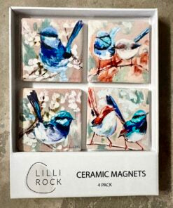 Lilli Rock Blue Wrens Gift Pack - 
A 4-pack of Lilli Rock ceramic magnets featuring watercolour-style paintings of bluebirds and magpies, presented in a white cardboard box.