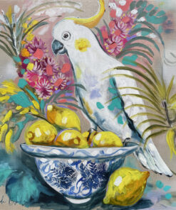 Lilli Rock Cockatoo & Lemons Coaster - A colourful still-life painting featuring a white cockatoo standing beside a blue-and-white patterned bowl filled with yellow lemons, surrounded by pink and green tropical flowers on a light background.