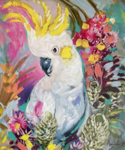 Lilli Rock Cockatoo & Wattle Coaster - A colourful acrylic painting of a white cockatoo with bright yellow feathers, surrounded by pink, purple, and orange flowers on a textured blue and green background.