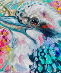 Lilli Rock Kookaburra Call Coaster - Vibrant acrylic painting of a kookaburra bird with colourful brushstrokes in blue, pink, white, and yellow.