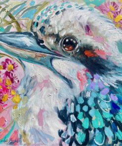 Lilli Rock Kookaburra Call Magnet - Vibrant acrylic painting of a kookaburra bird with colourful brushstrokes in blue, pink, white, and yellow.