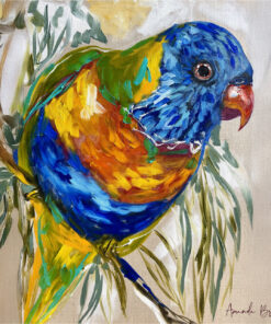 Lilli Rock Lorikeet & Gum Coaster - A colourful painted lorikeet perched among green leaves on a light beige background. The artwork uses expressive brushstrokes with vivid blue, yellow, orange, and green tones.