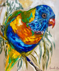 Lilli Rock Lorikeet & Gum Magnet - A colourful painted lorikeet perched among green leaves on a light beige background. The artwork uses expressive brushstrokes with vivid blue, yellow, orange, and green tones.