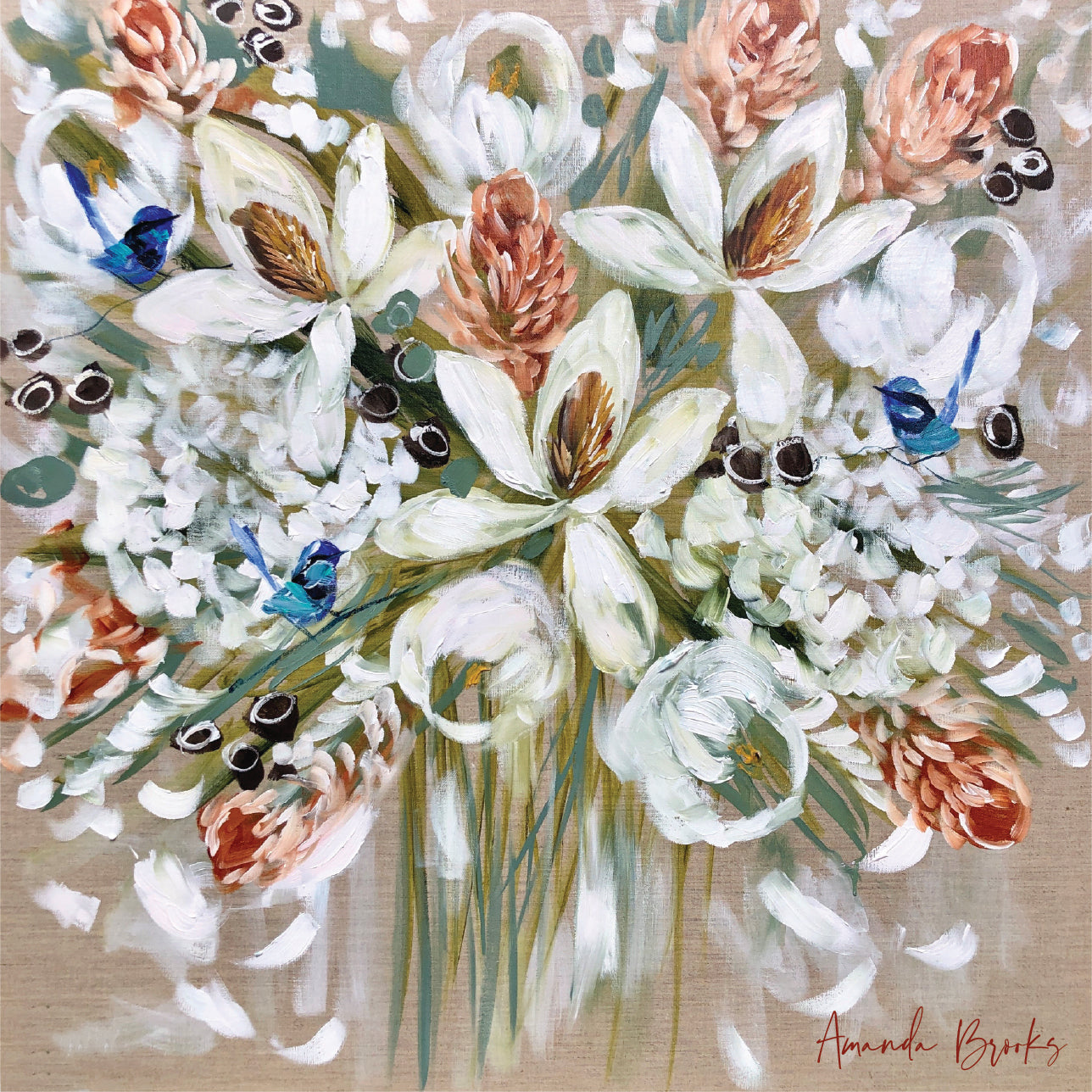 Lilli Rock Magnolia Banksia Wrens Trivet - Colourful floral arrangement with white flowers, green leaves & blue wrens on a beige background