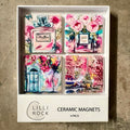 Lilli Rock Touch of Paris Magnet Gift Pack - A 4-pack of Lilli Rock ceramic magnets in a white box, featuring colourful watercolour-style designs including perfume bottles, flowers, a doorway, and the Eiffel Tower.