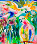 Lilli Rock Tropical Cockatoo Coaster - Vibrant abstract painting of two cockatoos in bright multicolour brushstrokes with green foliage and pink flowers.