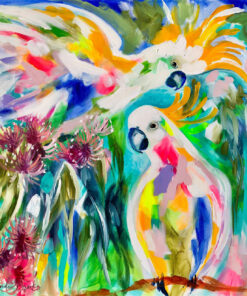 Lilli Rock Tropical Cockatoo Coaster - Vibrant abstract painting of two cockatoos in bright multicolour brushstrokes with green foliage and pink flowers.