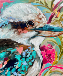 Lilli Rock Tropical Kookaburra Coaster - A close-up painted portrait of a kookaburra bird with turquoise, white, pink, and teal colours, surrounded by floral elements in a colourful abstract style.