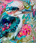 Lilli Rock Tropical Kookaburra & Wattle Coaster - Vibrant oil painting of a kookaburra bird surrounded by colourful flowers, featuring bold brushstrokes in blue, pink, green, white, and brown.