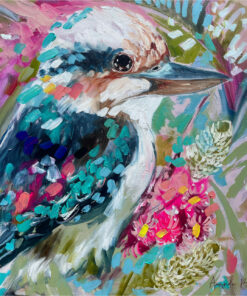 Lilli Rock Tropical Kookaburra Wattle Magnet - Vibrant oil painting of a kookaburra bird surrounded by colourful flowers, featuring bold brushstrokes in blue, pink, green, white, and brown.