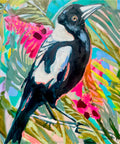 Lilli Rock Tropical Magpie Magnet - Vibrant acrylic painting of a magpie perched among colourful tropical leaves and flowers, with bold black, white, pink, green, yellow, and blue brushstrokes.