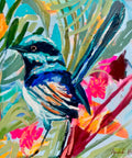 Lilli Rock Tropical Wren Magnet - Vibrant acrylic painting of a blue and white bird perched among colourful tropical flowers and green leaves, with expressive brushstrokes in blue, pink, orange, red, and green.