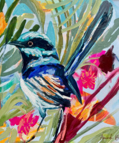Lilli Rock Tropical Wren Magnet - Vibrant acrylic painting of a blue and white bird perched among colourful tropical flowers and green leaves, with expressive brushstrokes in blue, pink, orange, red, and green.