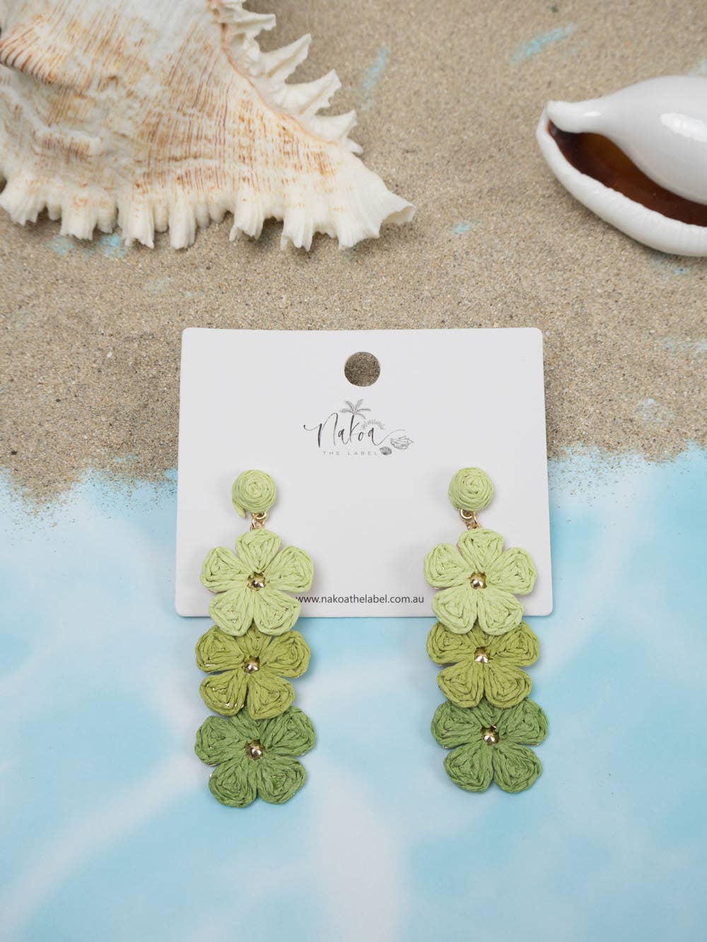 Flower Trio Raffia Earrings - Green