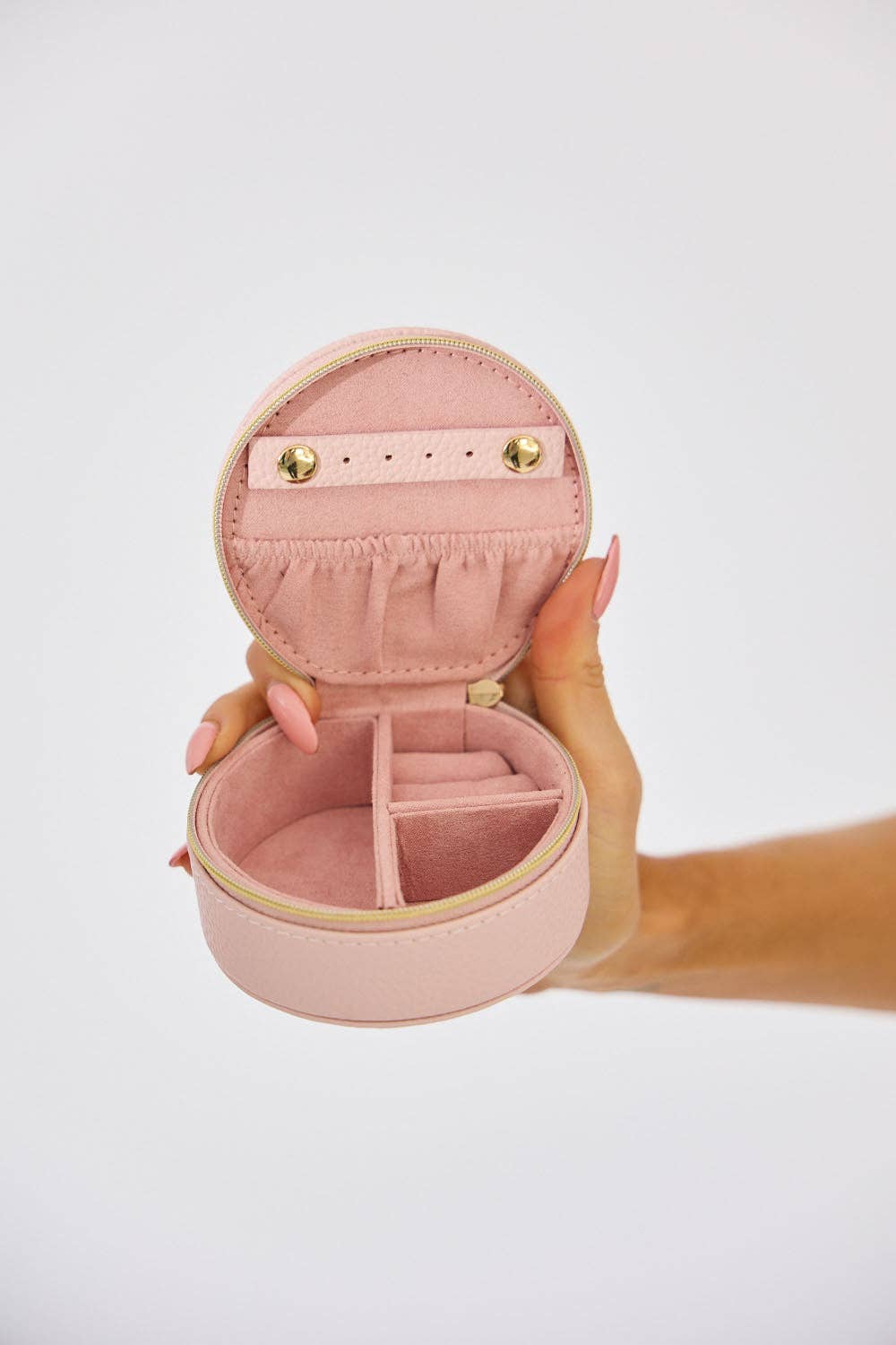 Vegan PU Leather Jewellery Box - Round - Light Pink - Small