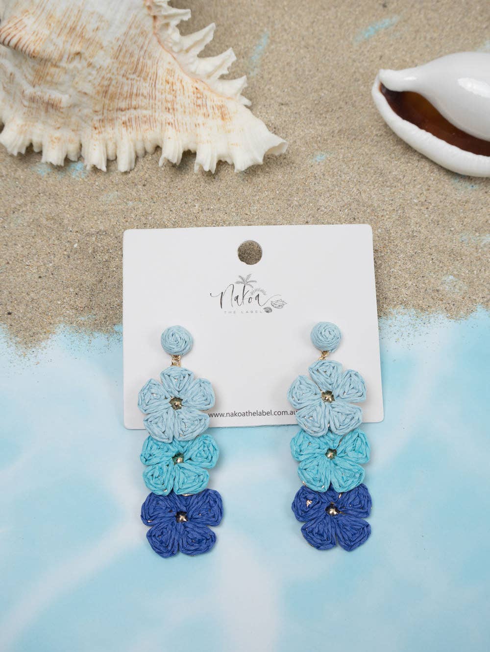 Flower Trio Raffia Earrings - Blue